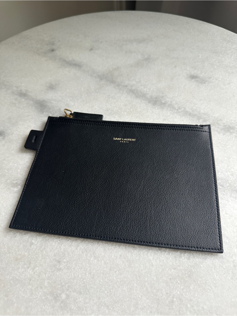 Authentic Saint Laurent Black Leather Pouch with Gold Hardware
